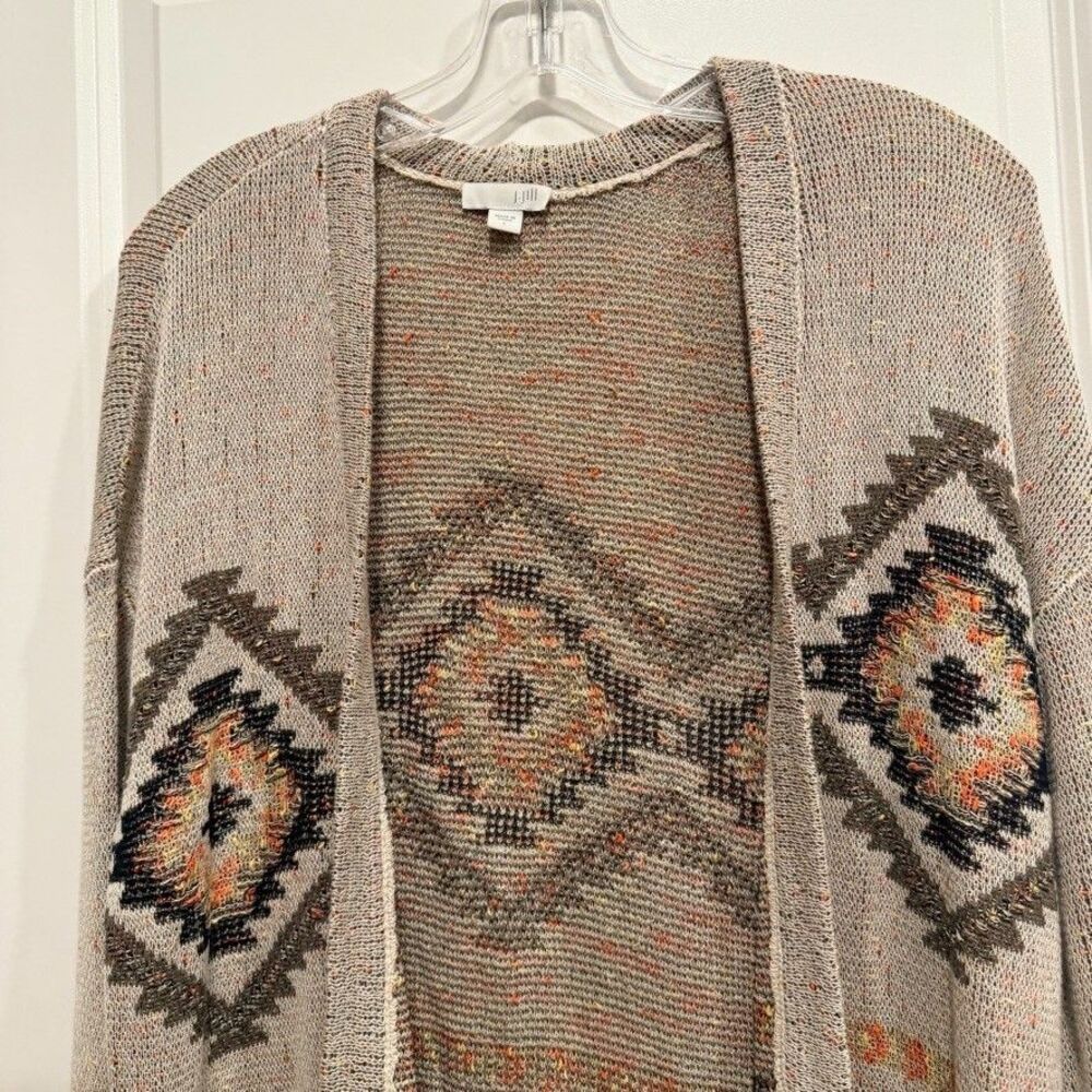 J Jill Womens Large Open Front Cardigan Aztec Western Boho Intarsia Knit Oatmeal - Picture 5 of 10
